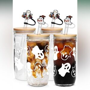 NIB!Ghost 24oz Mason Jar Glass Cups Lids and Straws